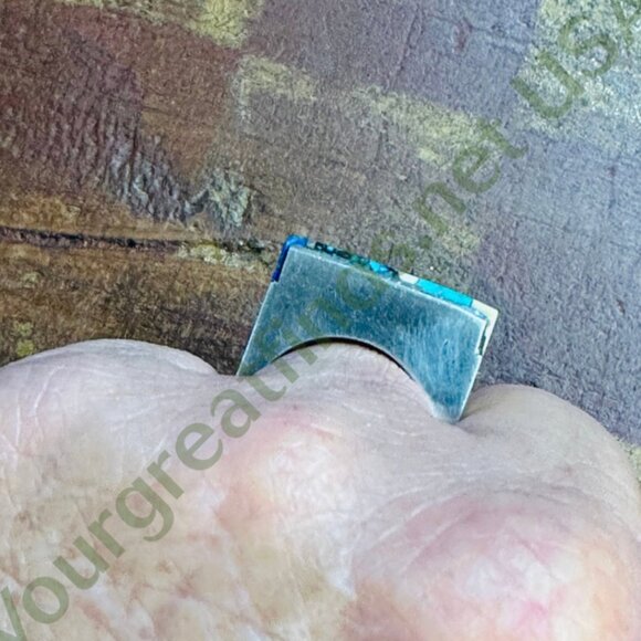 Vintage Sterling Silver Turquoise Inlay Square Ring Navajo Larry Castillo 7.5 - Picture 5 of 13
